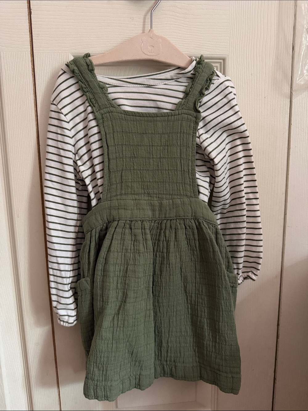 Cat & Jack Olive Green Gauze Pinafore Dress with Striped Top